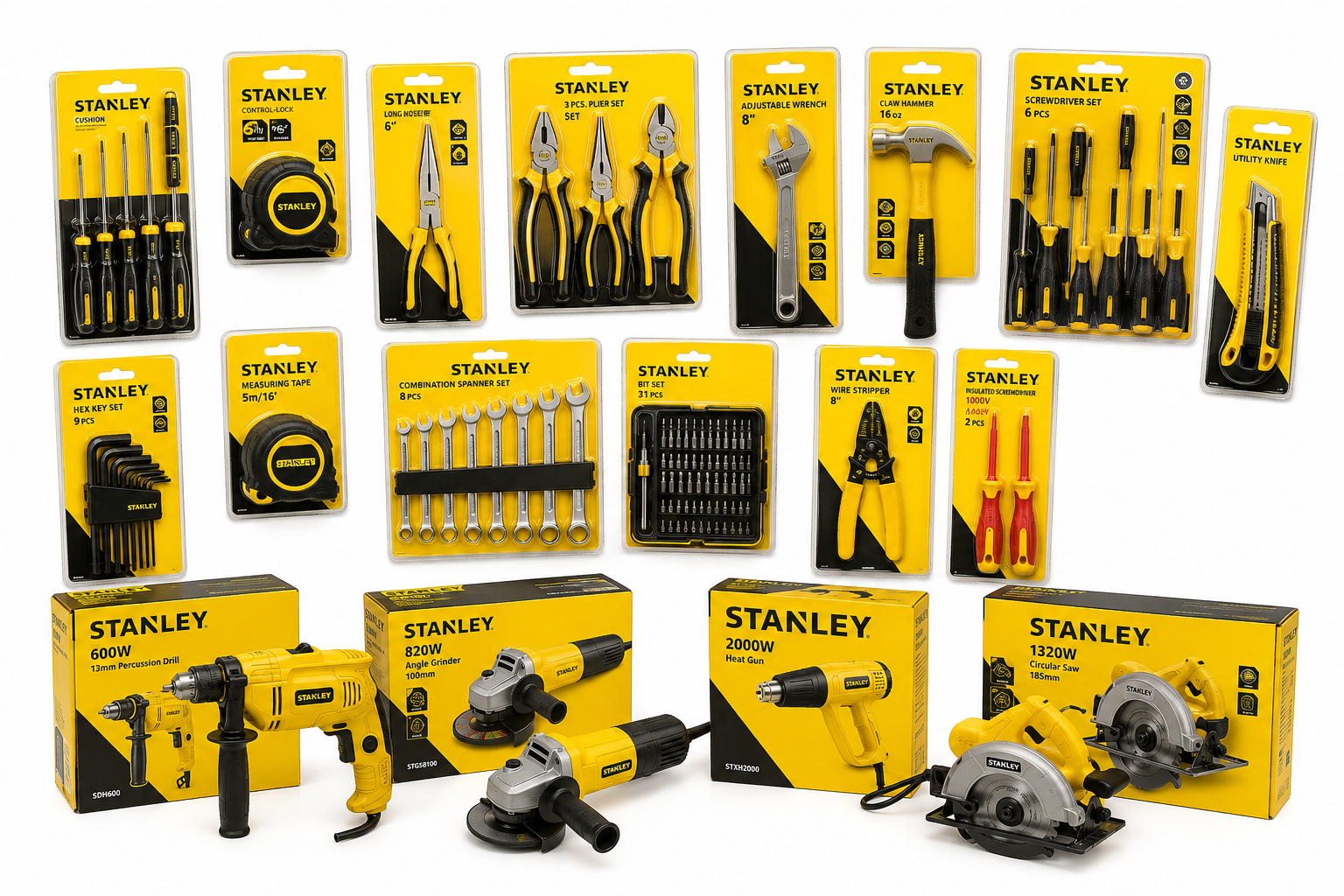 Power tools and workshop materials on display
